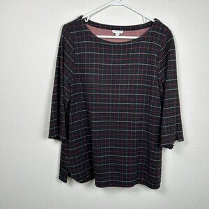 J Jill Ponte Knit Top Size Petite L LP Red Black Checkered Pullover 3/4 Sleeve